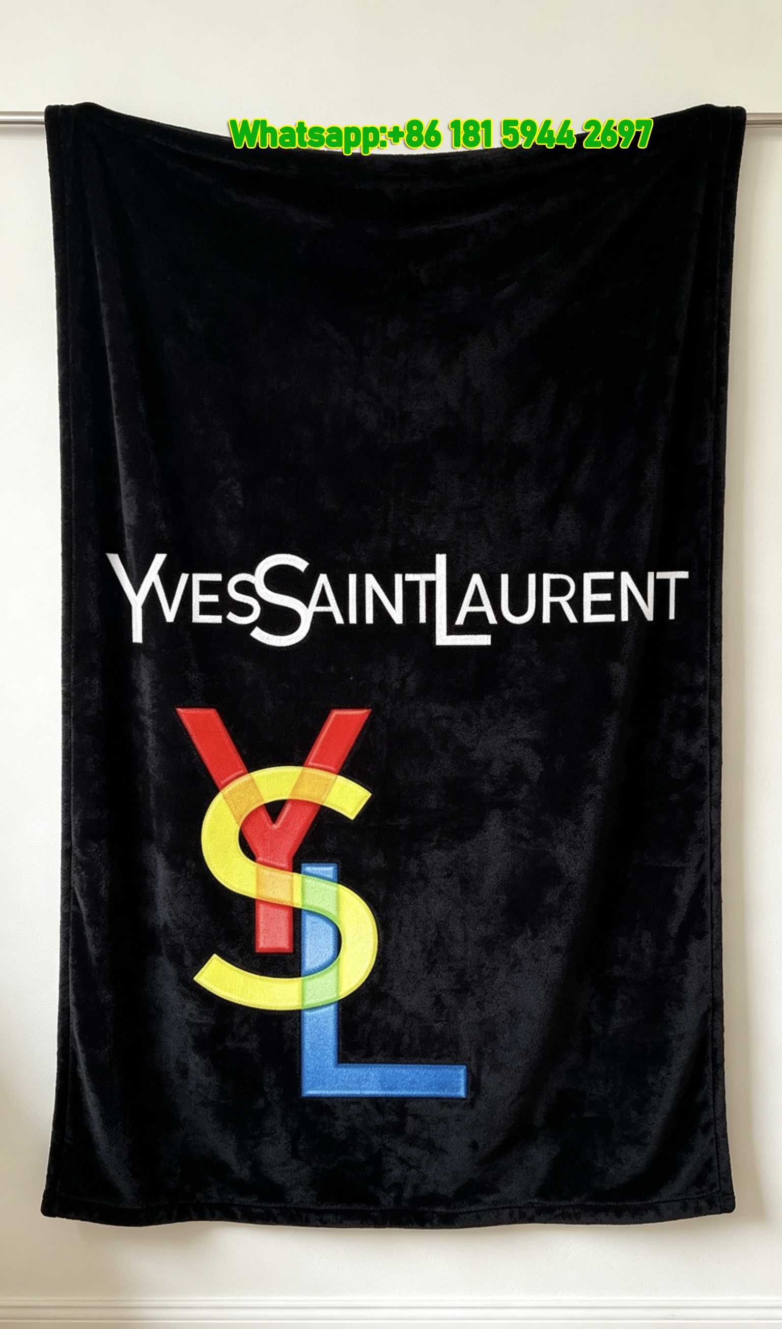 Yves Saint Laurent YSL Black Background Multicolor Red Yellow Blue Logo Printed Fleece Throw Blanket IMG_3210
